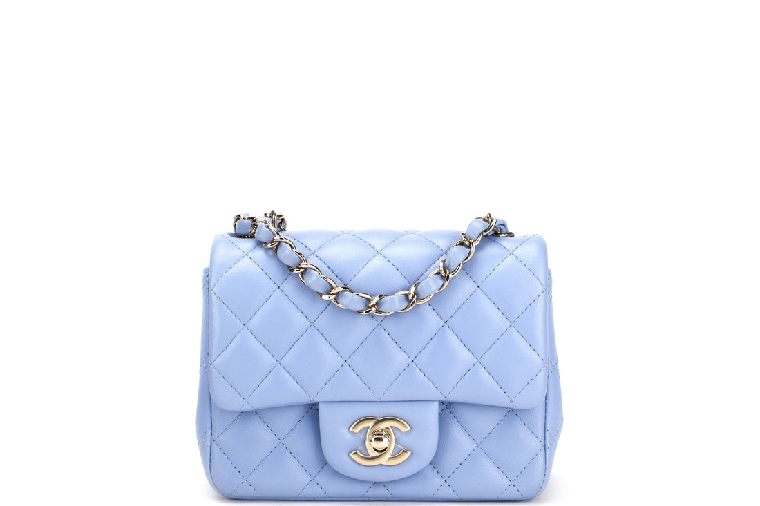 CHANEL CLASSIC MINI SQUARE (3071xxxx) LIGHT BLUE LAMBSKIN LIGHT GOLD HARDWARE, WITH , DUST COVER & BOX - Bags