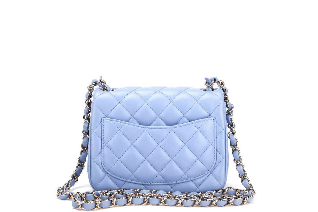 CHANEL CLASSIC MINI SQUARE (3071xxxx) LIGHT BLUE LAMBSKIN LIGHT GOLD HARDWARE, WITH , DUST COVER & BOX - Bags