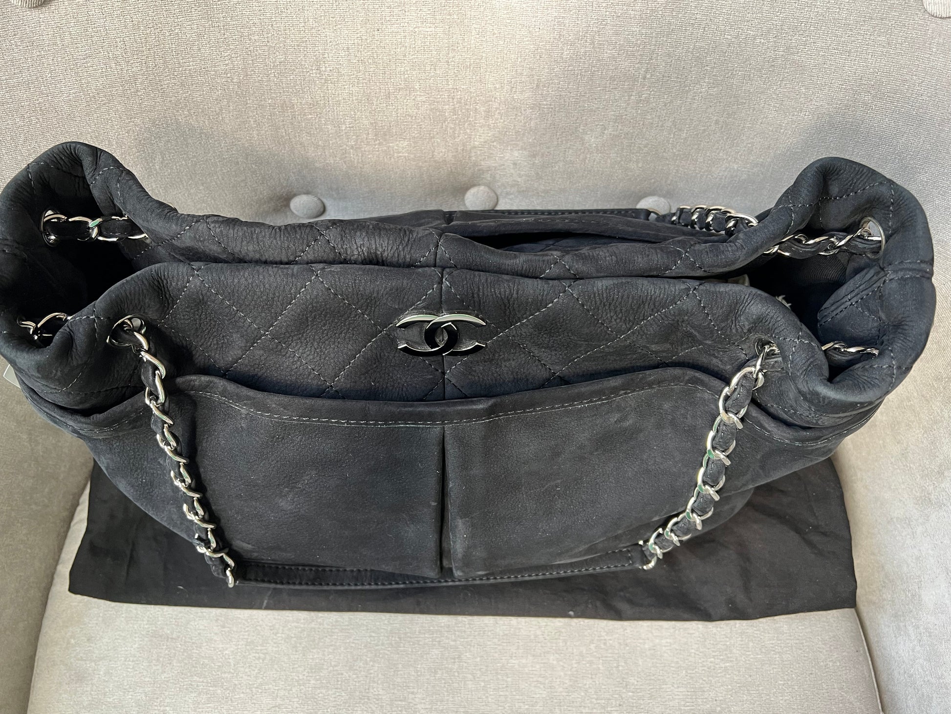 Chanel Natural Beauty Tote in Black Suede Nubuck Caviar with Silver Hardware - 7