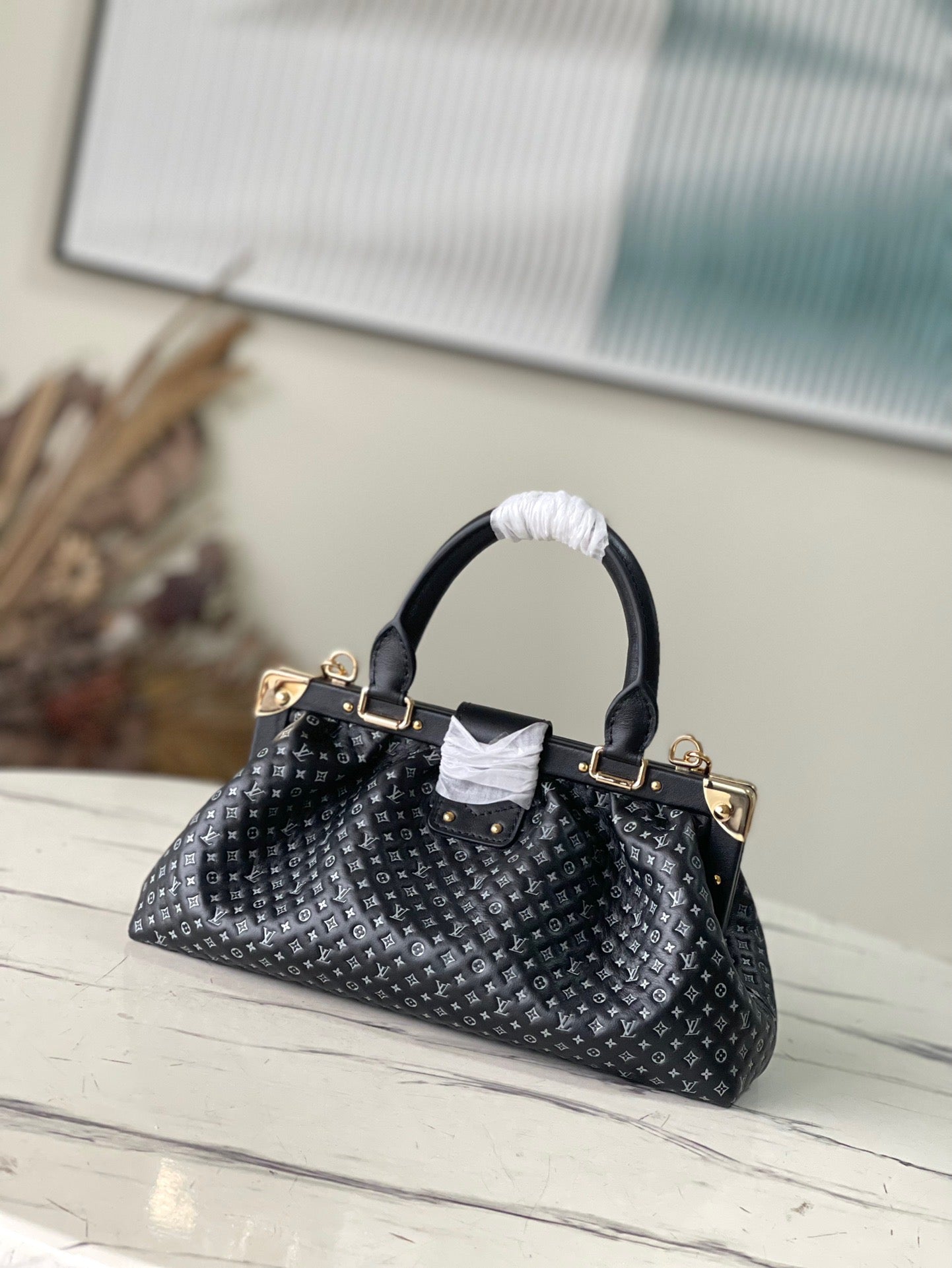 Black Monogram Clutch Leather Handbag for Women - 4