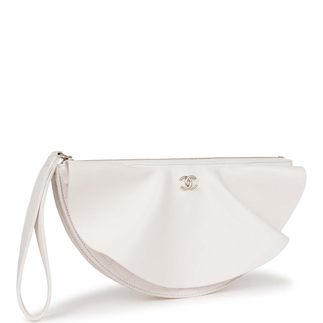 chl Ruffle Clutch with Wristlet White Lambskin Light Gold Hardware - Handbags, Wallets & Cases
