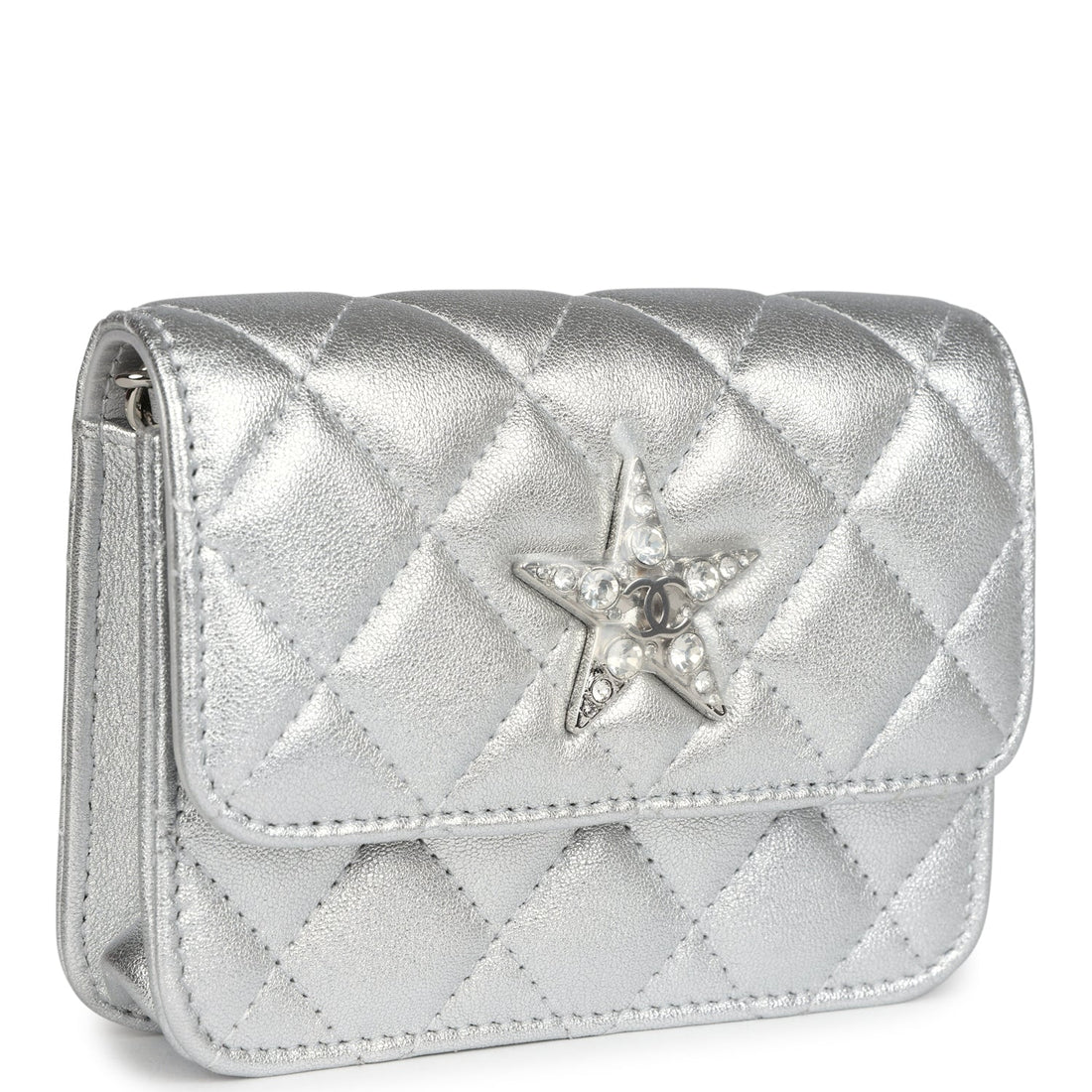 Chanel Crystal CC Walk Of Fame Clutch Wallet Silver Metallic Goatskin Silver Hardware - Handbags