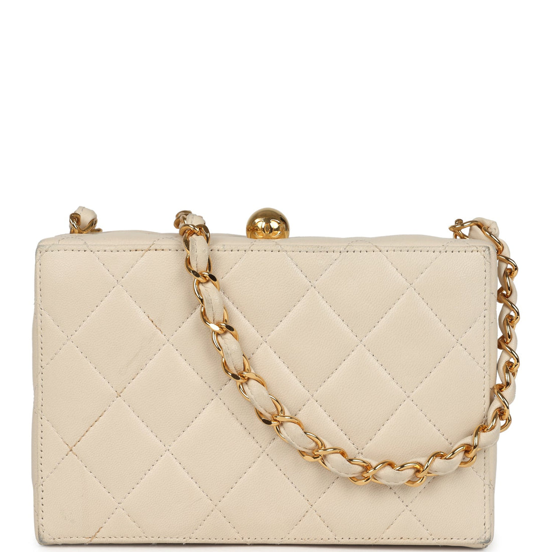 Vintage Chanel Box Clutch Bag Beige Lambskin Gold Hardware - Handbags