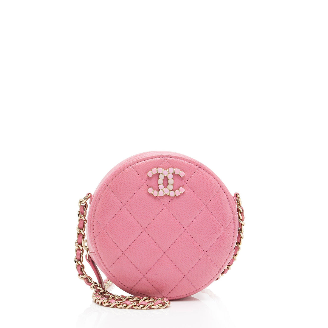 Chanel Caviar Leather Crystal CC Round Clutch with Chain (SHF-FU2AgY) - Handbags
