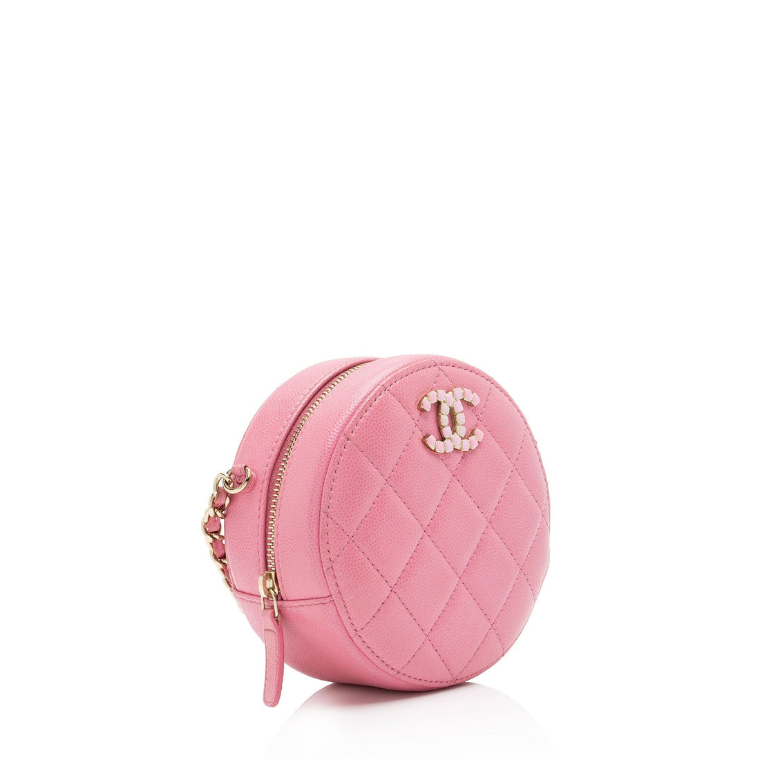 Chanel Caviar Leather Crystal CC Round Clutch with Chain (SHF-FU2AgY) - Handbags