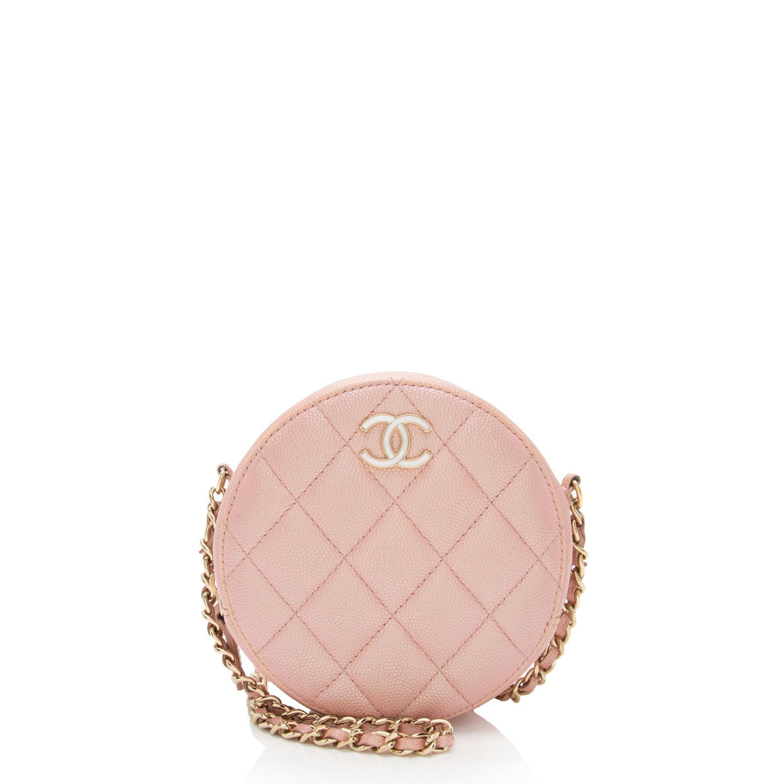 Chanel Iridescent Caviar Leather Mother of Pearl CC Round Clutch with Chain (SHF-YKChQe) - Handbags