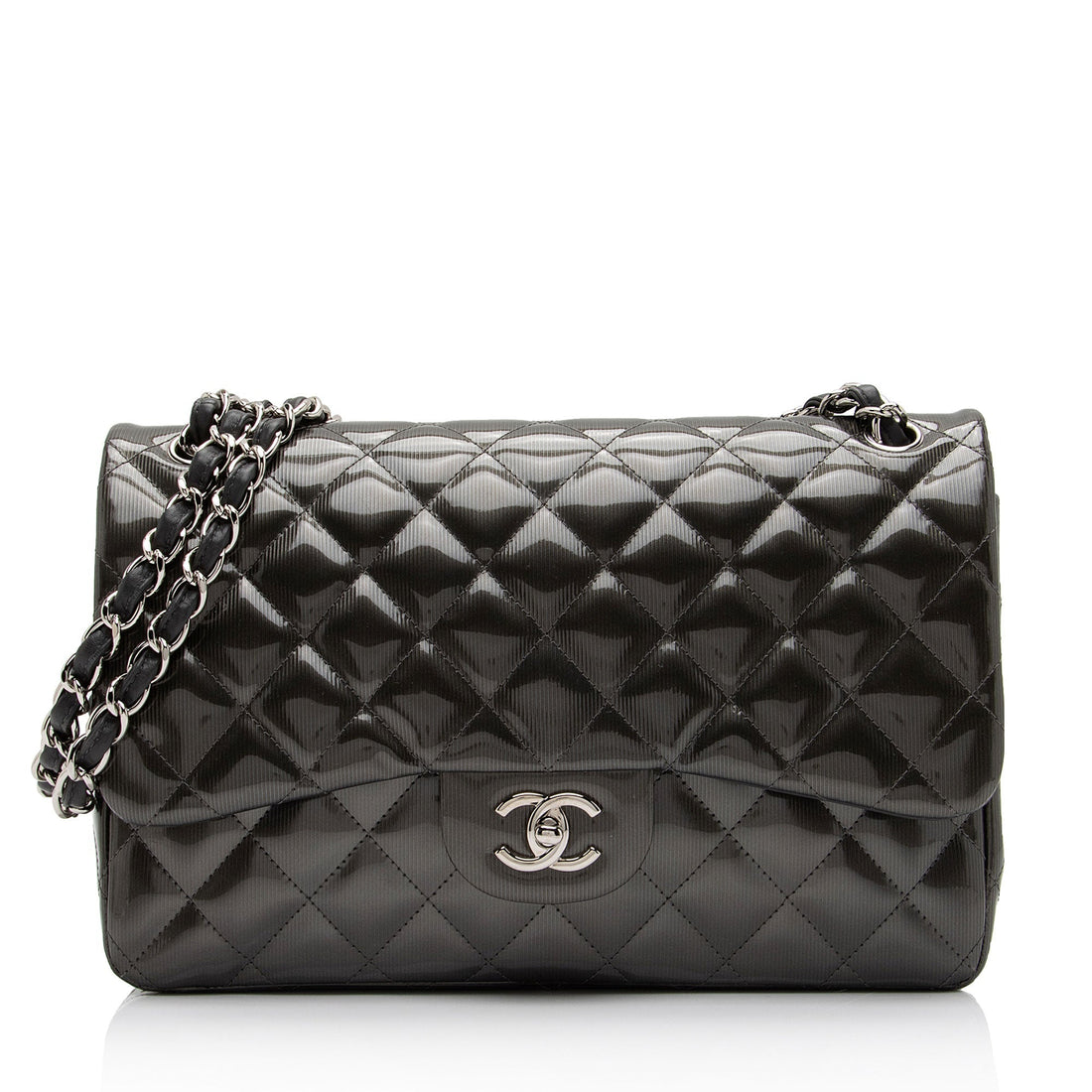 Chanel Patent Leather Stripe Classic Jumbo Double Flap Bag (SHF-xHciHb) - Handbags