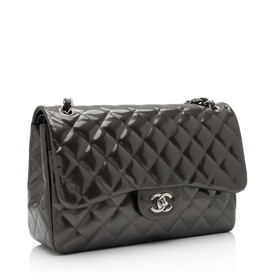 Chanel Patent Leather Stripe Classic Jumbo Double Flap Bag (SHF-xHciHb) - Handbags