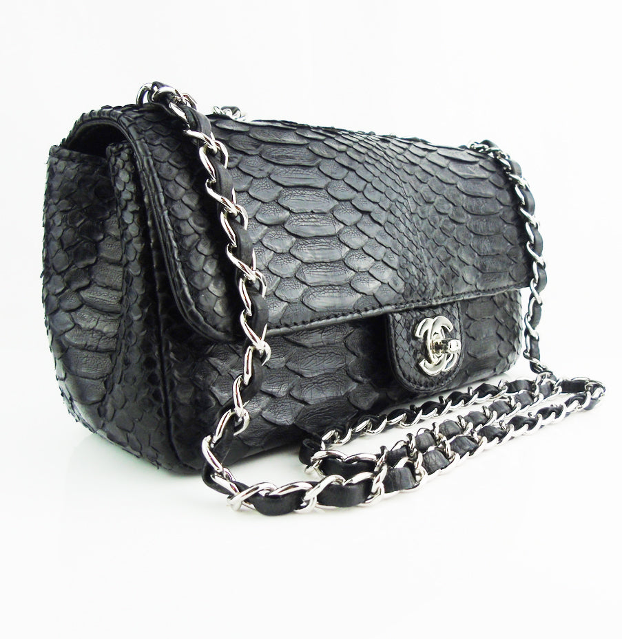 CHANEL black python exotic leather classic mini rectangular flap bag - Bag