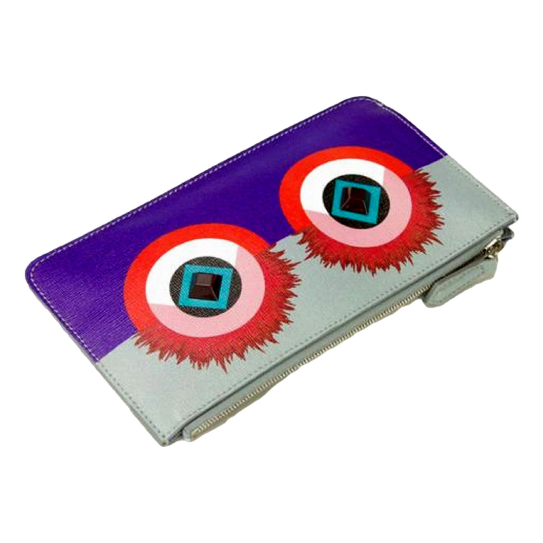Fendi Monster Zip Pouch Clutch Cosmetic Bag Travel Purple Blue Leather - Wallets