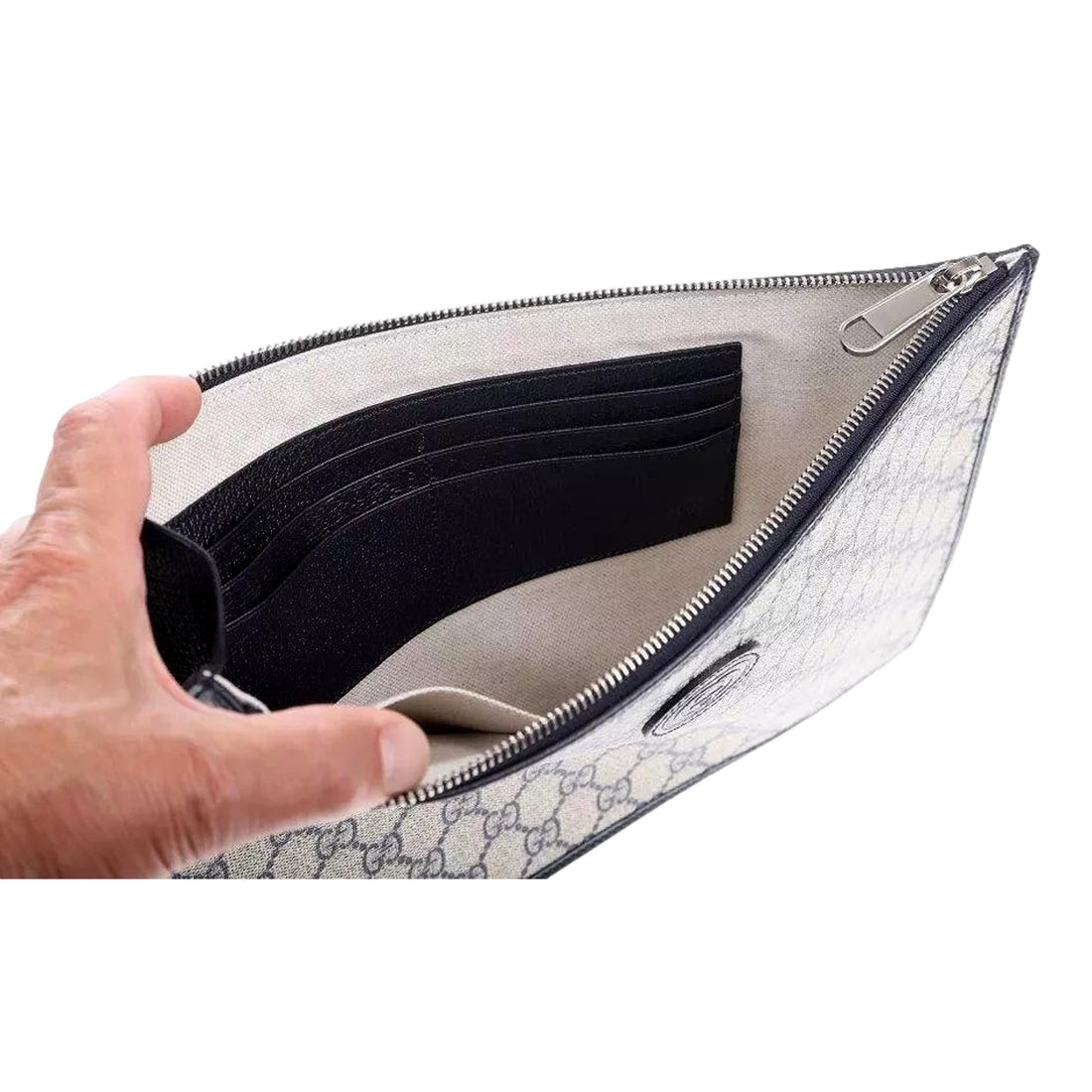 Gucci GG Supreme Coated Canvas Wristlet Clutch Handbag Beige and Navy - Handbags