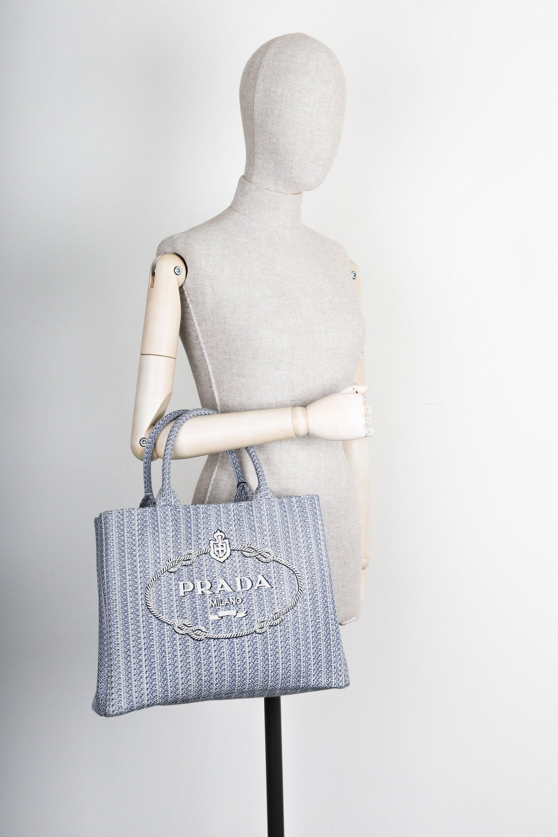 PRADA Logo Shopping Tote Ricamo Jacquard Baltico + Talc - Handbag & Wallet Accessories