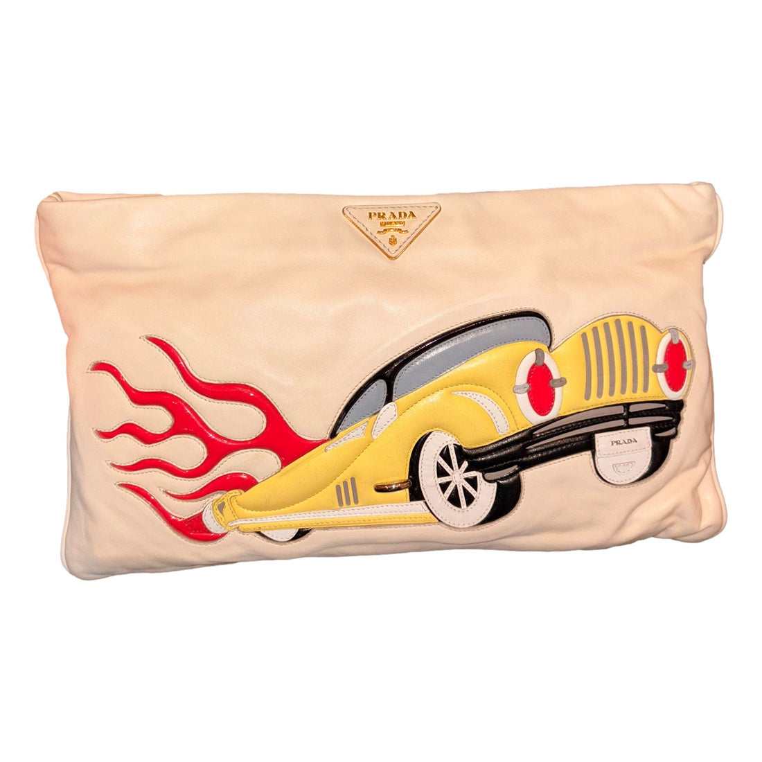 Prada 'Hot Rod Culture' Car Applique White Leather Handbag Clutch - Handbags