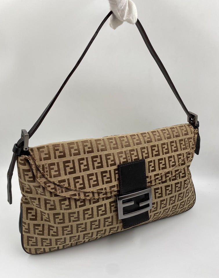 Fendi Vintage Zucchino Double Flap Bag in Classic Zucchino Beige Brown Canvas - Shoulder Bags