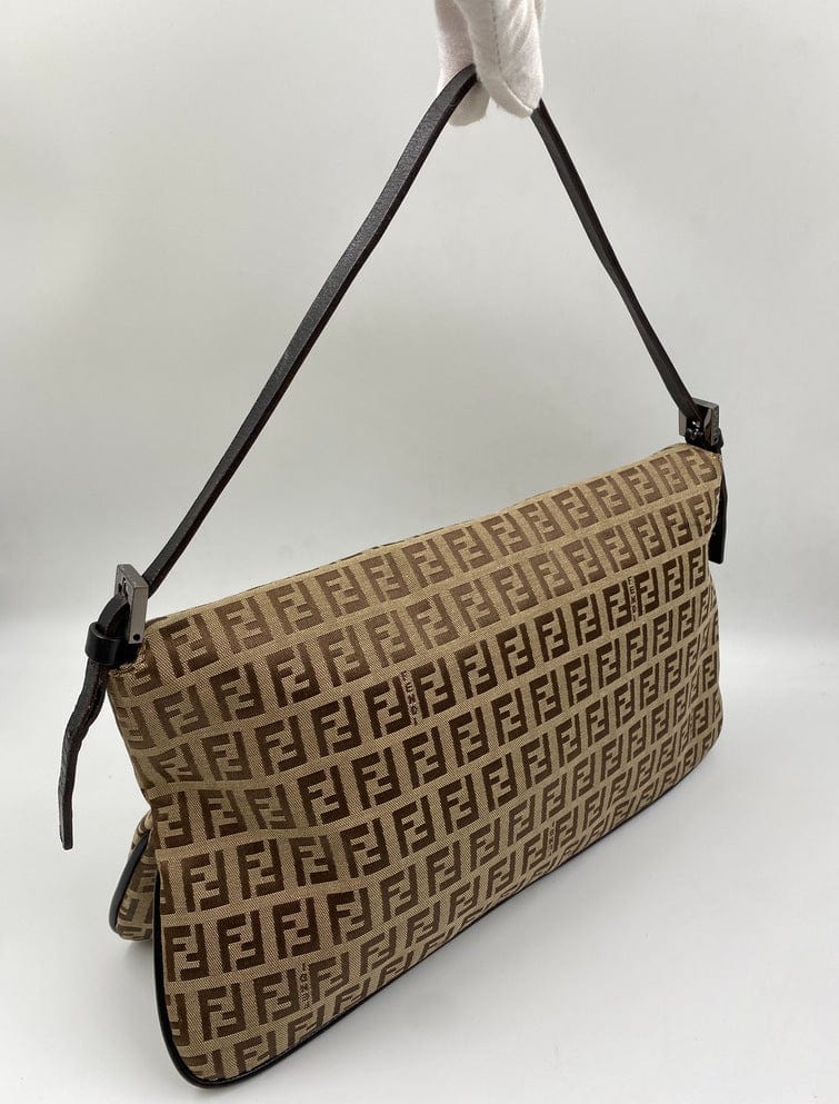 Fendi Vintage Zucchino Double Flap Bag in Classic Zucchino Beige Brown Canvas - Shoulder Bags