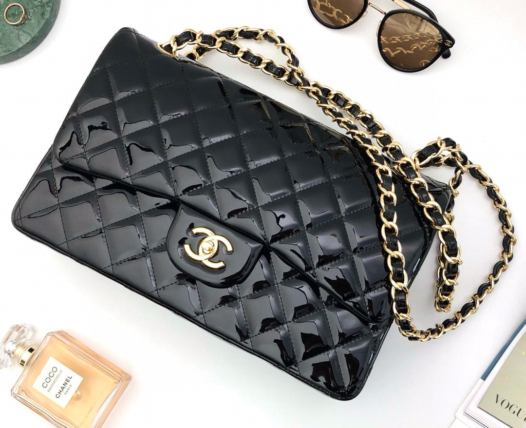 CHANEL CLASSIC JUMBO FLAP BAG 30CM BLACK PATENT CALFSKIN GOLD HARDWARE - bag