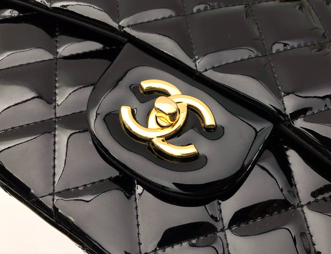 CHANEL CLASSIC JUMBO FLAP BAG 30CM BLACK PATENT CALFSKIN GOLD HARDWARE - bag