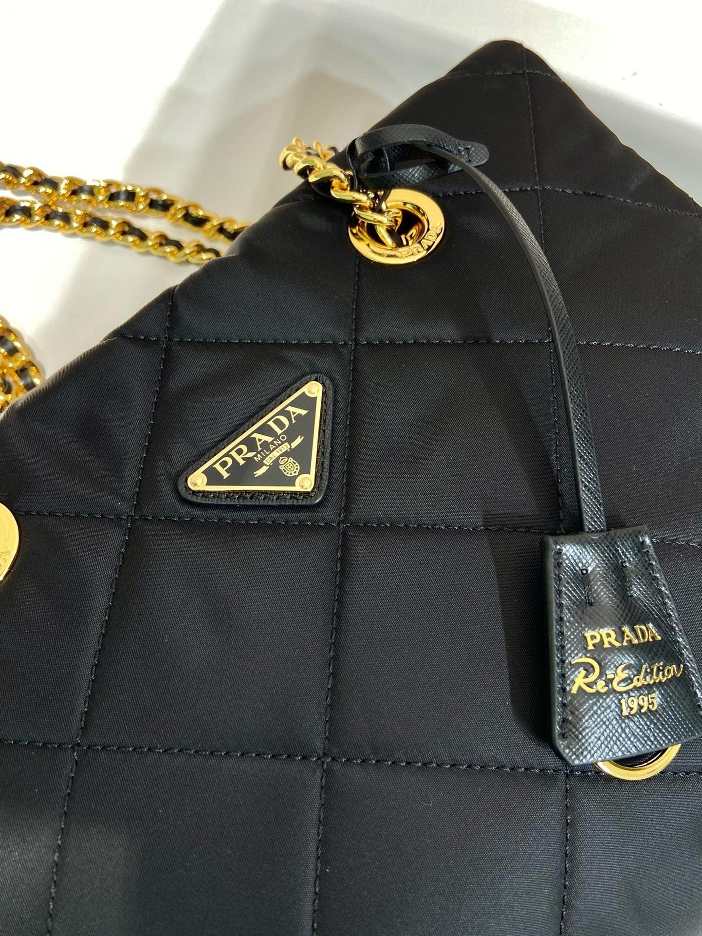 Prada Gold Chain Bag Black Re-Nylon