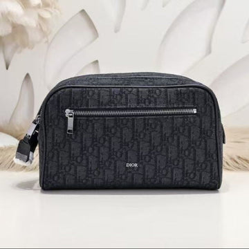 Toiletry Bag Black Dior Oblique Jacquard and Black Grained Calfskin