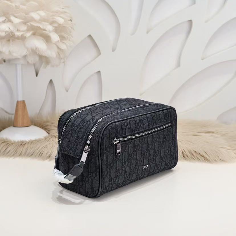 Toiletry Bag Black Dior Oblique Jacquard and Black Grained Calfskin