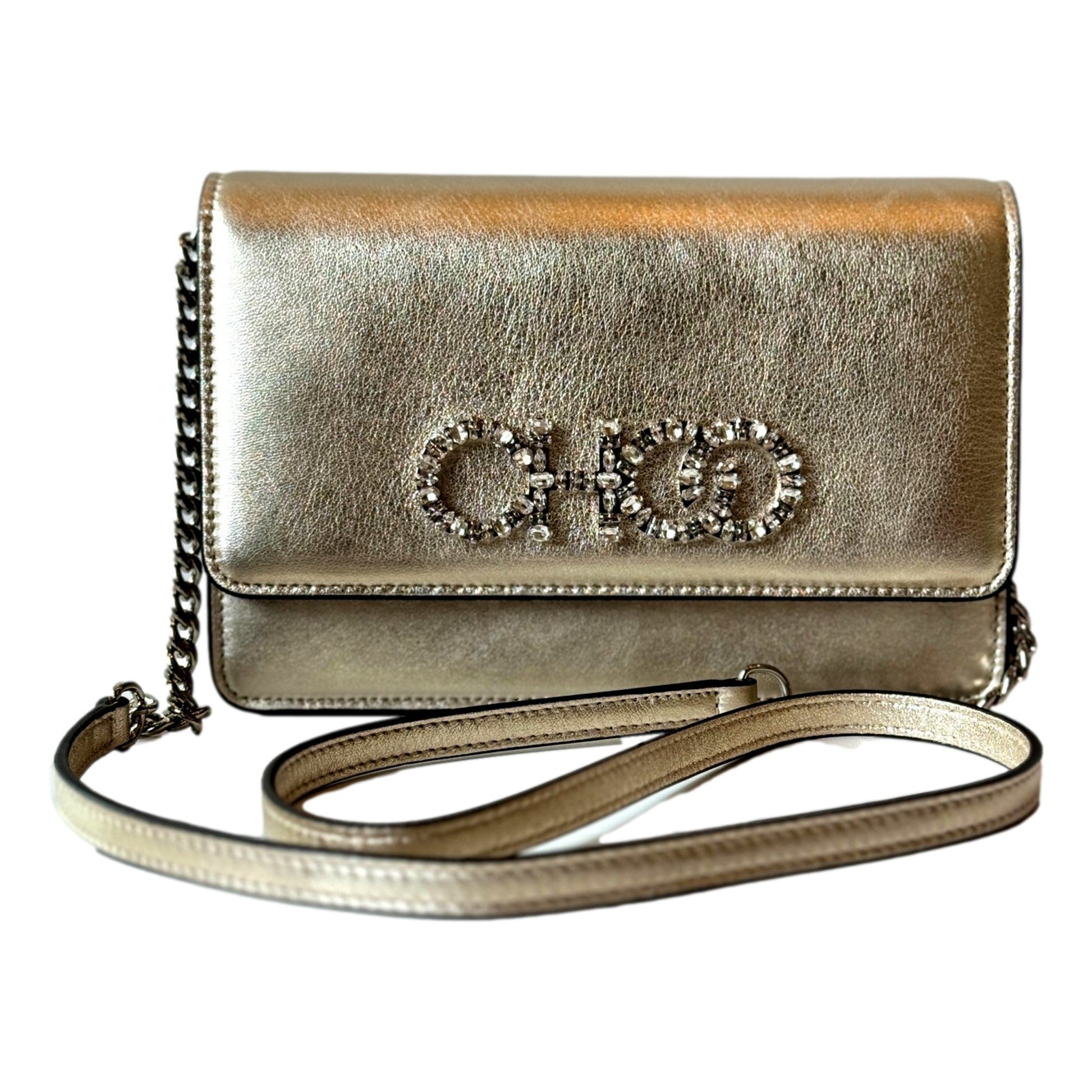 Jimmy Choo Kalina  Crossbody Clutch Bag Crystal Logo Metallic Gold - Handbags