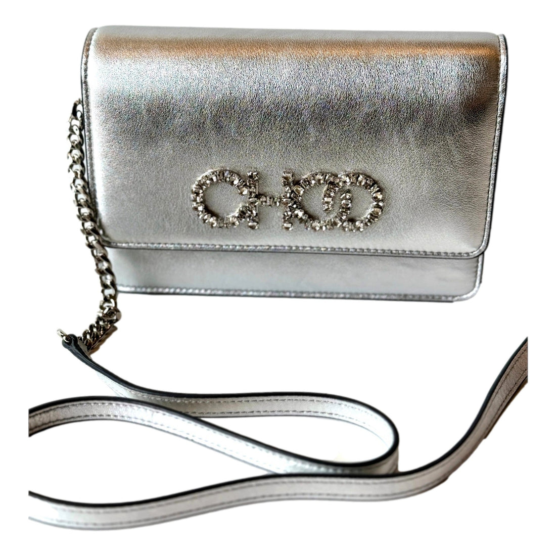 Jimmy Choo Kalina  Crossbody Clutch Bag Crystal Logo Metallic Silver - Handbags