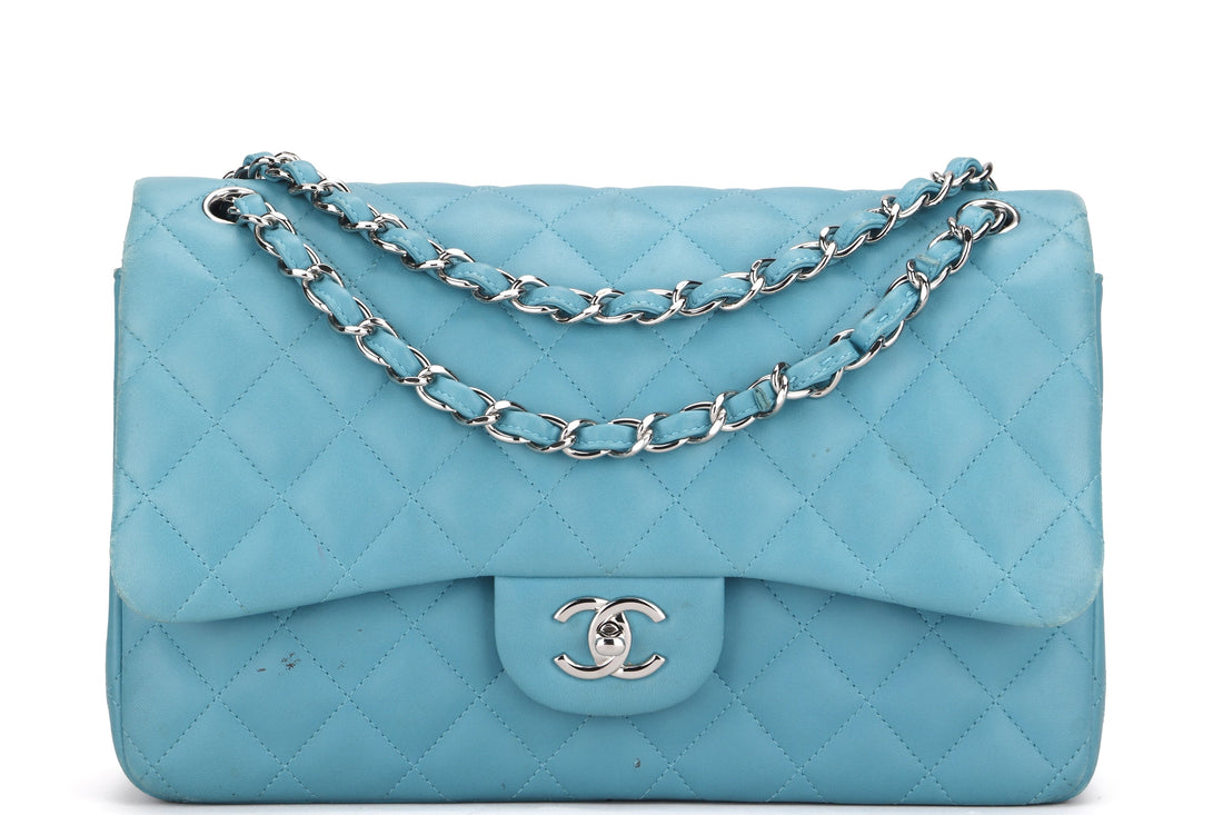 CHANEL CLASSIC FLAP (1943xxxx) JUMBO TURQUOISE COLOR LAMBSKIN SILVER HARDWARE, WITH , NO DUST COVER - Bags