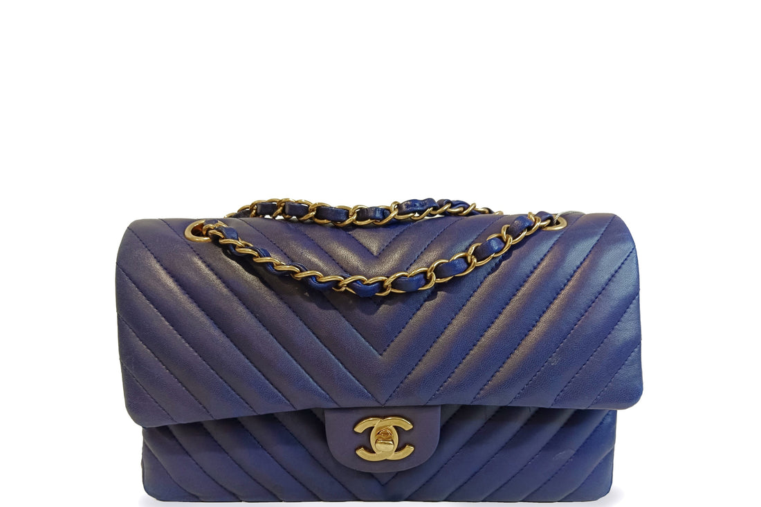 CHANEL CLASSIC DOUBLE FLAP (2122xxxx) MEDIUM BLUE CHEVRON LAMBSKIN GOLD HARDWARE, WITH , NO DUST COVER - Bags