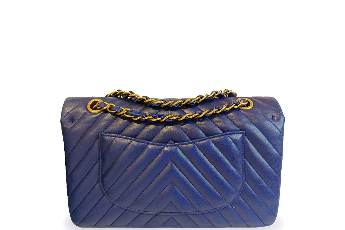 CHANEL CLASSIC DOUBLE FLAP (2122xxxx) MEDIUM BLUE CHEVRON LAMBSKIN GOLD HARDWARE, WITH , NO DUST COVER - Bags