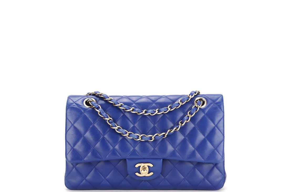 CHANEL CLASSIC DOUBLE FLAP (1813xxxx) MEDIUM BLUE LAMBSKIN LIGHT GOLD HARDWARE, WITH , NO DUST COVER - Bags