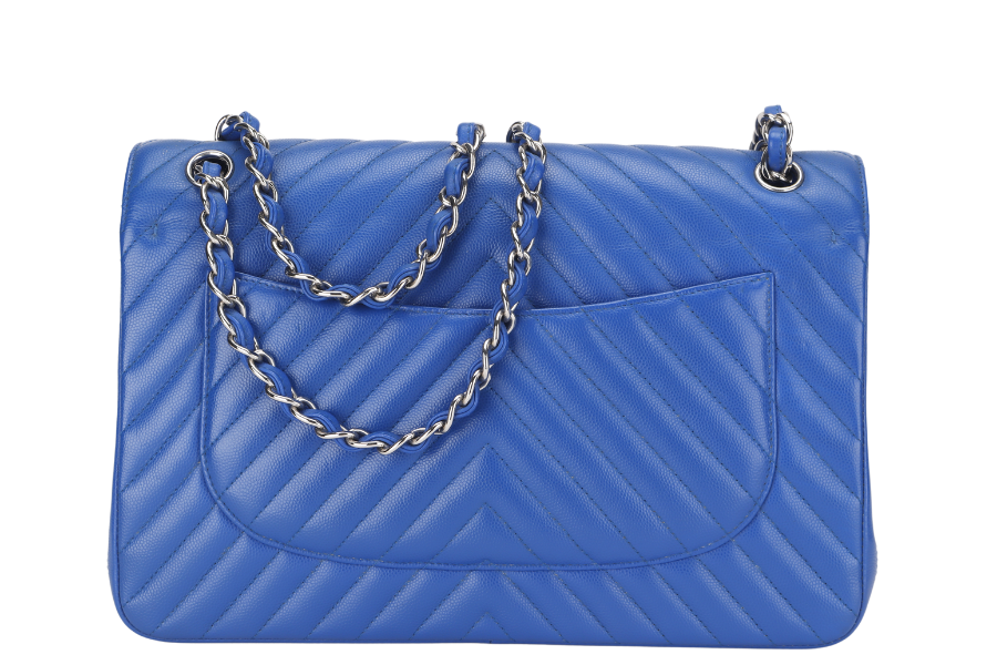 CHANEL CLASSIC DOUBLE FLAP (2247xxxx) JUMBO BLUE CHEVRON CAVIAR LEATHER SILVER HARDWARE, WITH DUST COVER - Bags