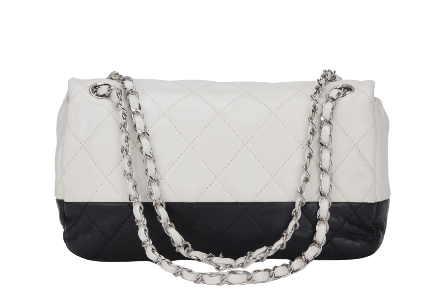 CHANEL CLASSIC FLAP BICOLOR (1267xxxx) MEDIUM BLACK & WHITE LAMBSKIN SILVER HARDWARE, NO  & DUST COVER - BAGS