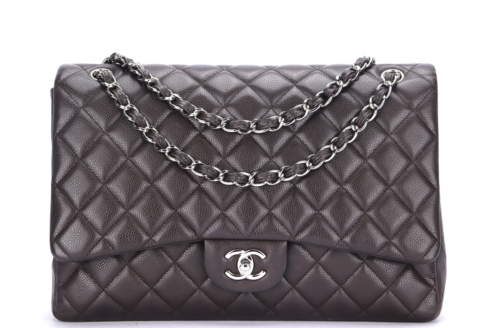 CHANEL CLASSIC FLAP MAXI SINGLE FLAP (1401xxxx) BROWN CAVIAR LEATHER, SILVER HARDWARE, WITH , DUST COVER & BOX - Bags