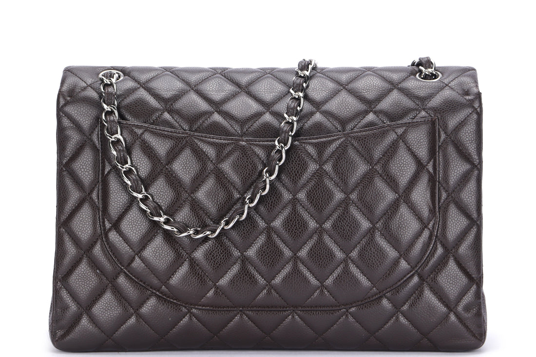 CHANEL CLASSIC FLAP MAXI SINGLE FLAP (1401xxxx) BROWN CAVIAR LEATHER, SILVER HARDWARE, WITH , DUST COVER & BOX - Bags