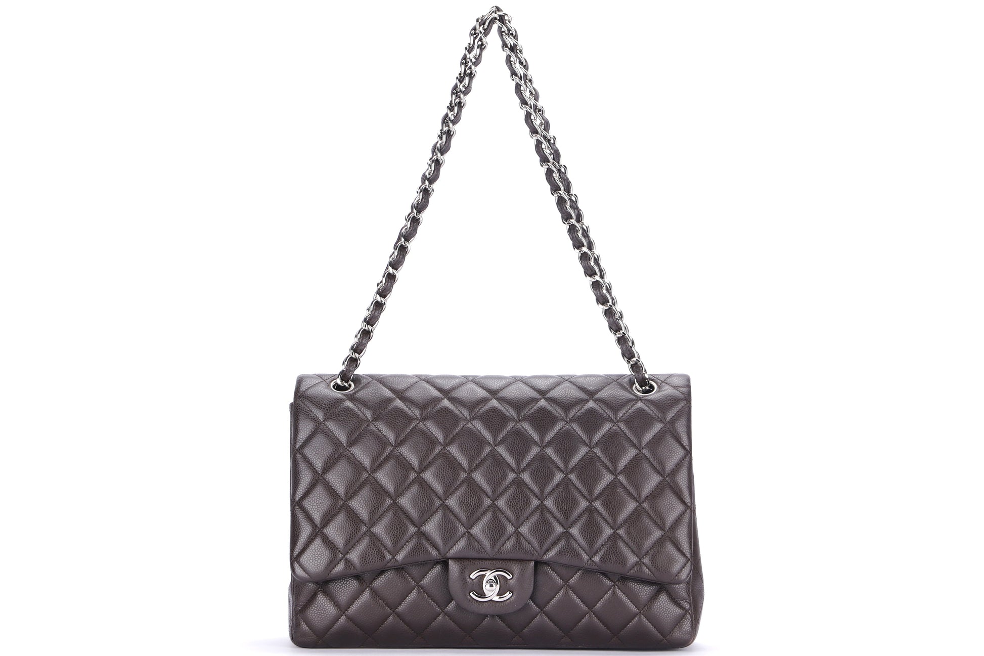 CHANEL CLASSIC FLAP MAXI SINGLE FLAP (1401xxxx) BROWN CAVIAR LEATHER, SILVER HARDWARE, WITH , DUST COVER & BOX - Bags - 3