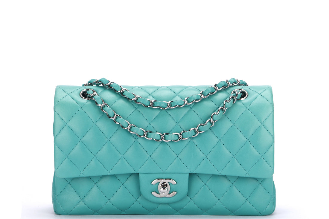 CHANEL CLASSIC DOUBLE FLAP (1641xxxx) MEDIUM GREEN LAMBSKIN LEATHER, SILVER CHAIN, WITH , DUST COVER & BOX - Bags