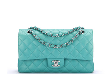 CHANEL CLASSIC DOUBLE FLAP (1641xxxx) MEDIUM GREEN LAMBSKIN LEATHER, SILVER CHAIN, WITH , DUST COVER & BOX - Bags