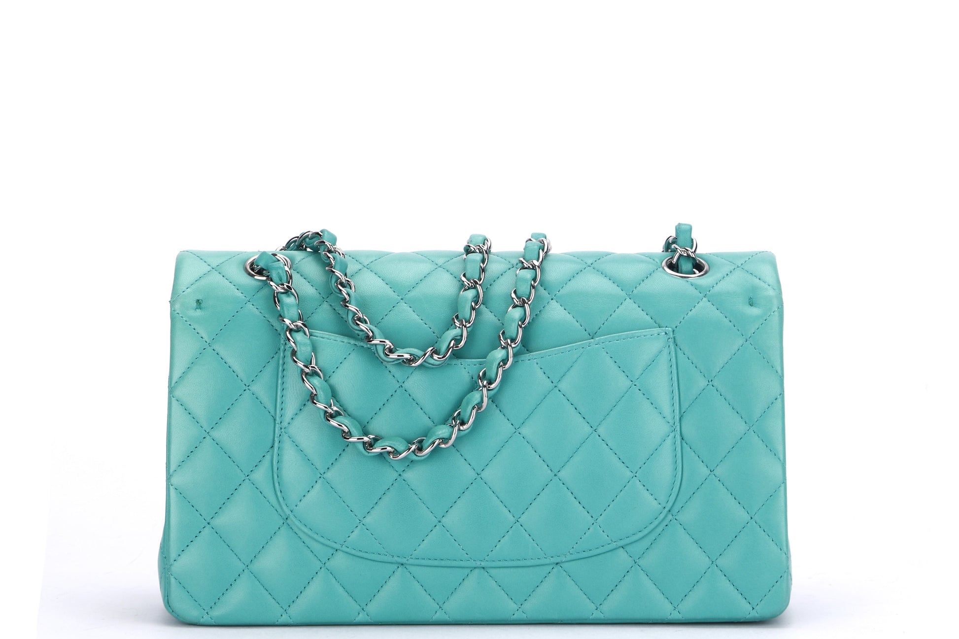 CHANEL CLASSIC DOUBLE FLAP (1641xxxx) MEDIUM GREEN LAMBSKIN LEATHER, SILVER CHAIN, WITH , DUST COVER & BOX - Bags - 2