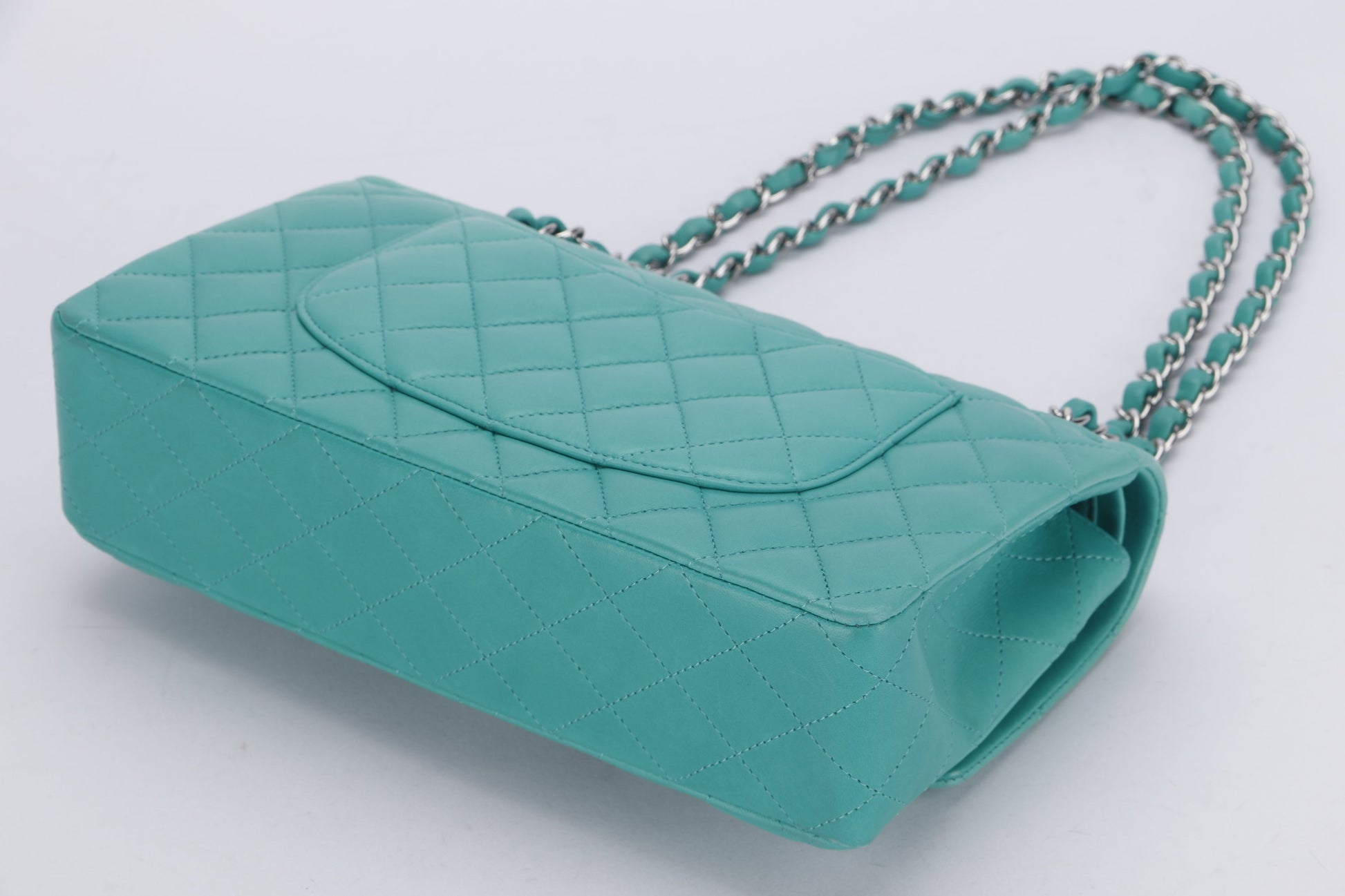 CHANEL CLASSIC DOUBLE FLAP (1641xxxx) MEDIUM GREEN LAMBSKIN LEATHER, SILVER CHAIN, WITH , DUST COVER & BOX - Bags - 4
