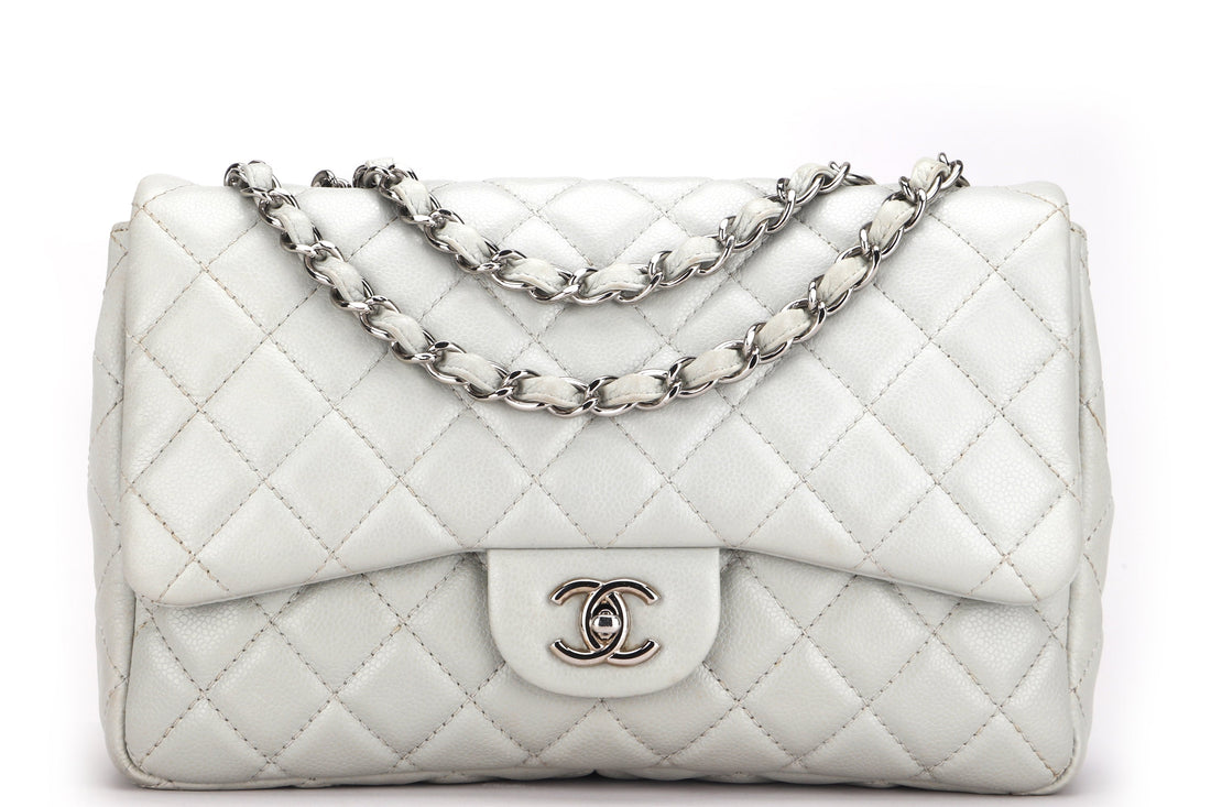 CHANEL CLASSIC SINGLE FLAP BAG (1282xxxx) JUMBO LIGHT MINT GREEN COLOR CAVIAR LEATHER, SILVER HARDWARE, WITH  & DUST COVER - Bags