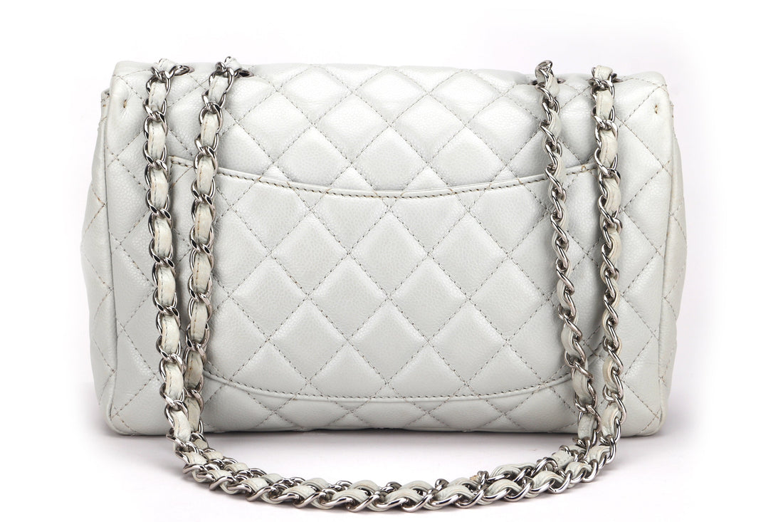 CHANEL CLASSIC SINGLE FLAP BAG (1282xxxx) JUMBO LIGHT MINT GREEN COLOR CAVIAR LEATHER, SILVER HARDWARE, WITH  & DUST COVER - Bags