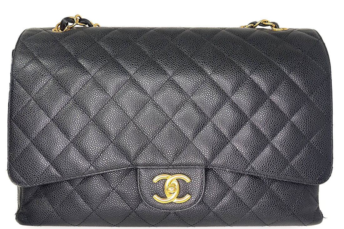 CHANEL CLASSIC FLAP MAXI FLAP (1534xxxx) BLACK CAVIAR GOLD CHAIN, WITH  & DUST COVER - Bags