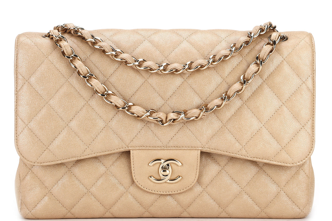 CHANEL CLASSIC FLAP JUMBO (2797xxxx) SHINY BEIGE CAVIAR LEATHER GOLD HARDWARE, WITH , DUST COVER & BOX - Bags