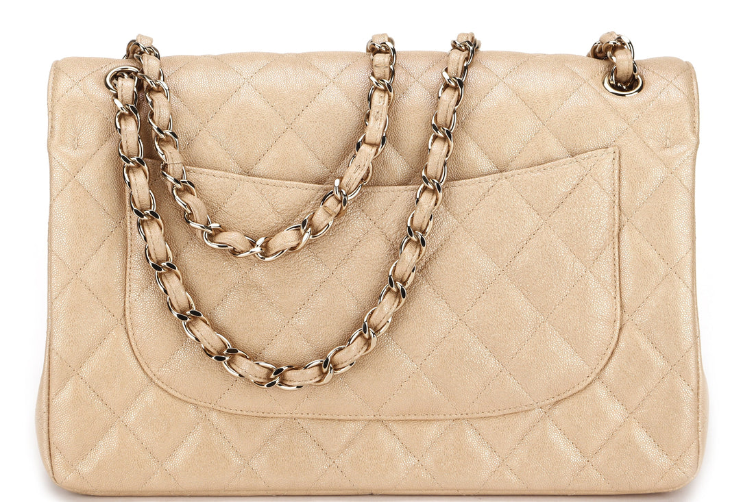 CHANEL CLASSIC FLAP JUMBO (2797xxxx) SHINY BEIGE CAVIAR LEATHER GOLD HARDWARE, WITH , DUST COVER & BOX - Bags