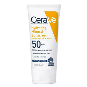 CeraVe Hydrating Mineral Sunscreen SPF 50 | 100% Mineral Body Lotion with Zinc Oxide & Titanium Dioxide | 5 oz