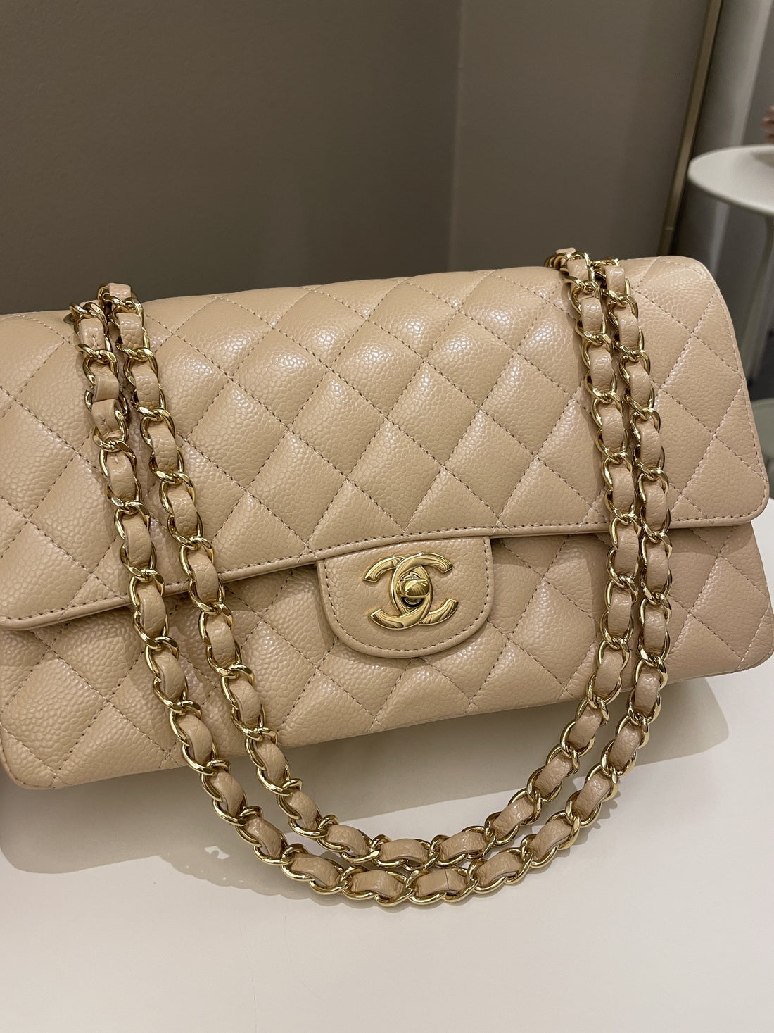 Chanel Classic Quilted Medium Double Flap Beige Claire Caviar - Bags