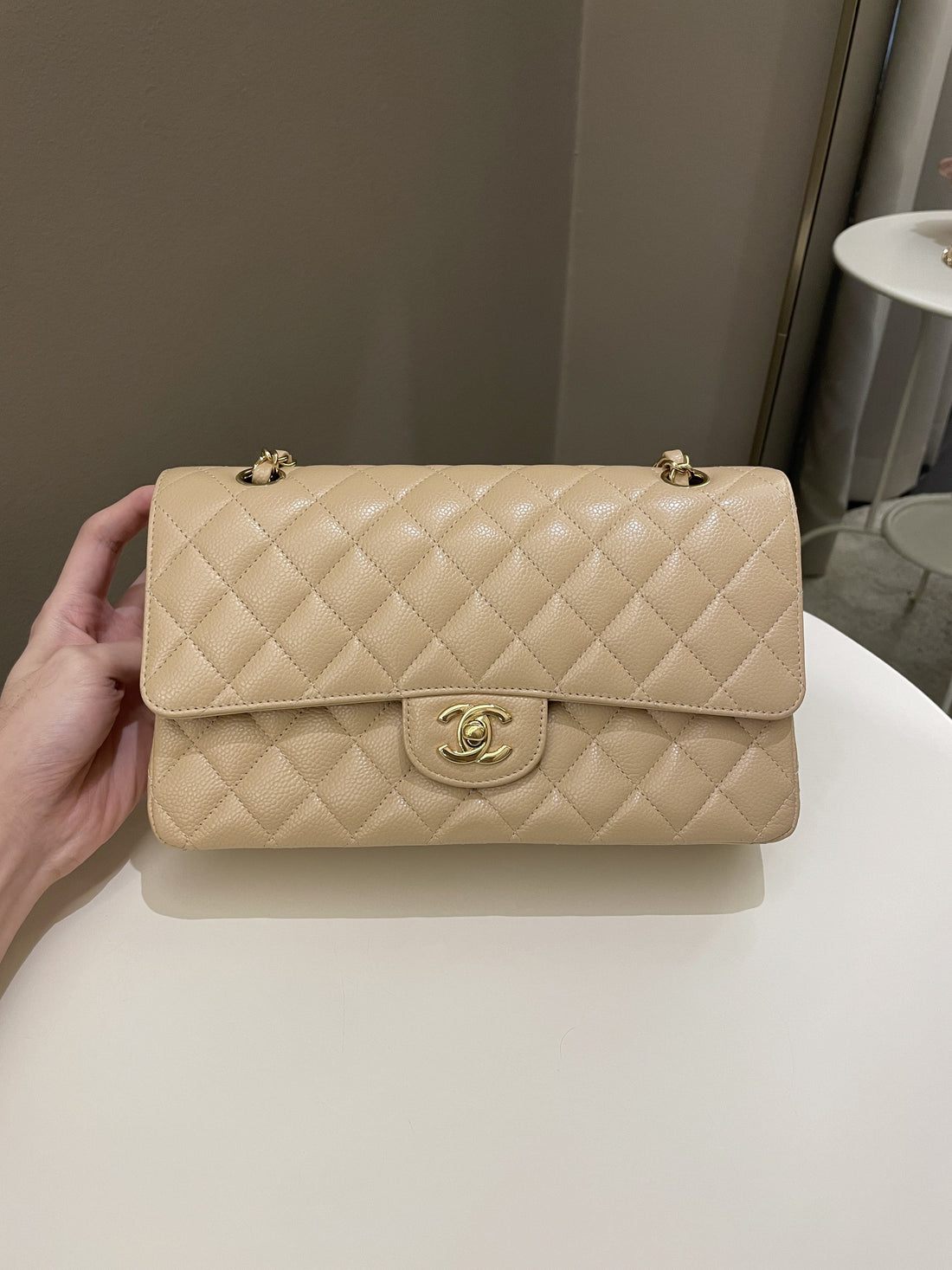 Chanel Classic Quilted Medium Double Flap Beige Claire Caviar - Bags