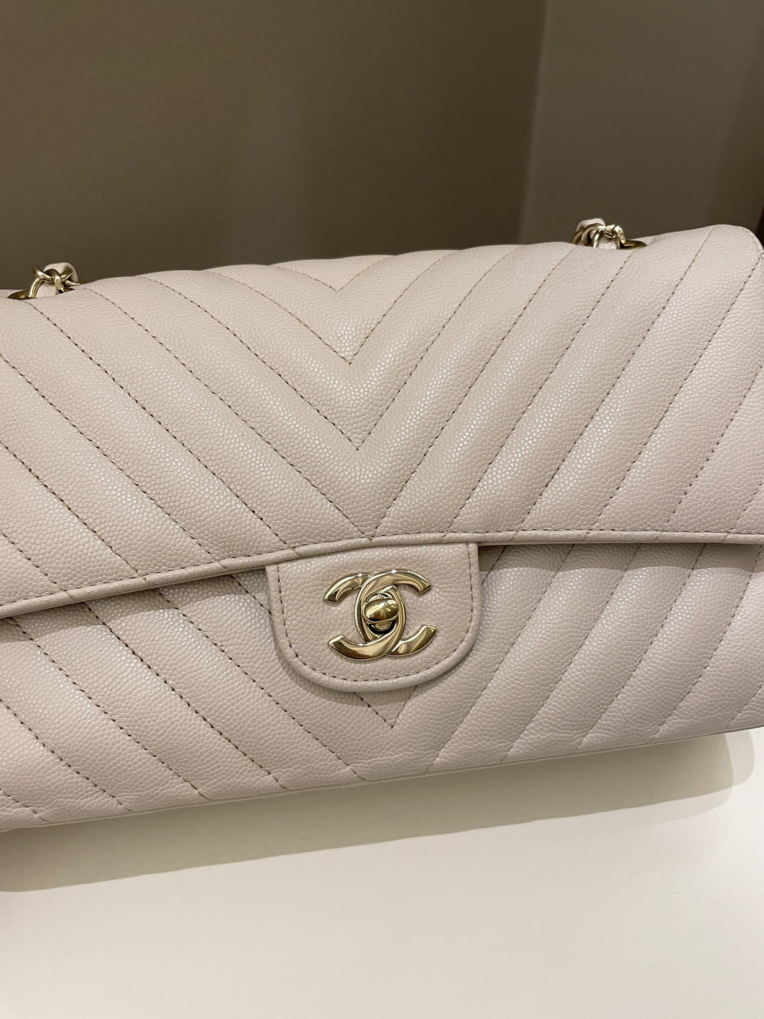 Chanel Classic Chevron Medium Double Flap Ivory Cream Caviar - Bags