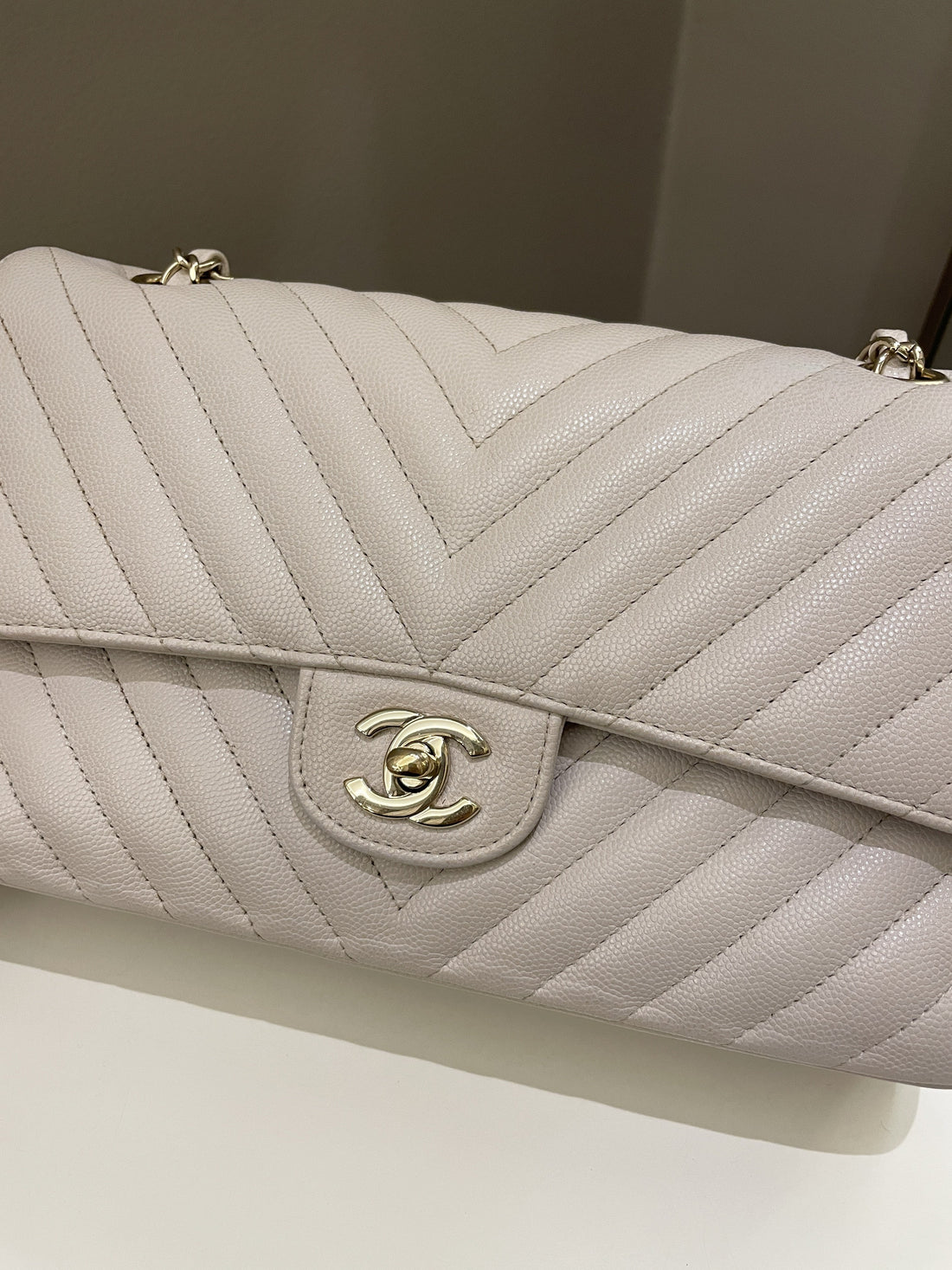 Chanel Classic Chevron Medium Double Flap Ivory Cream Caviar - Bags