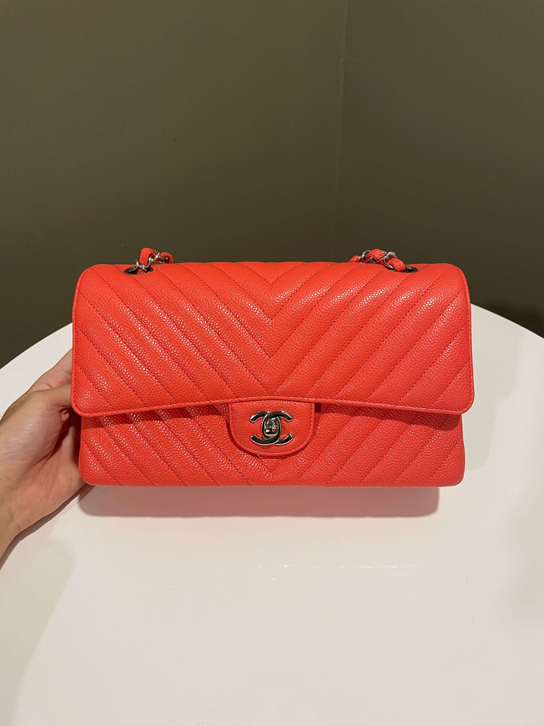 Chanel Classic Chevron Medium Double Flap Coral Caviar - Bags